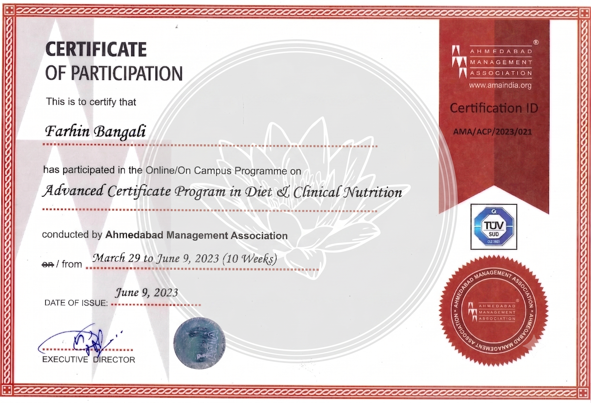 Dr. Farhin Achievement Certificate A-2